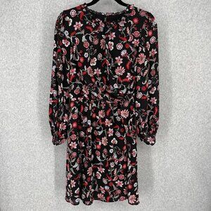 Banana Republic Tie Waist Mini Dress Size 8 Dark Floral High Neck Long Sleeve